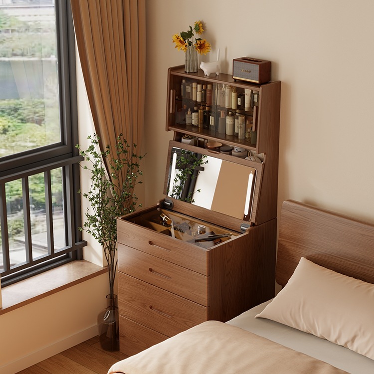 Solid Wood Dressing Table Small Bedroom Modern Simple Dressing Table Small Apartment Mini Flip Bedside Storage Cabinet Integrated
