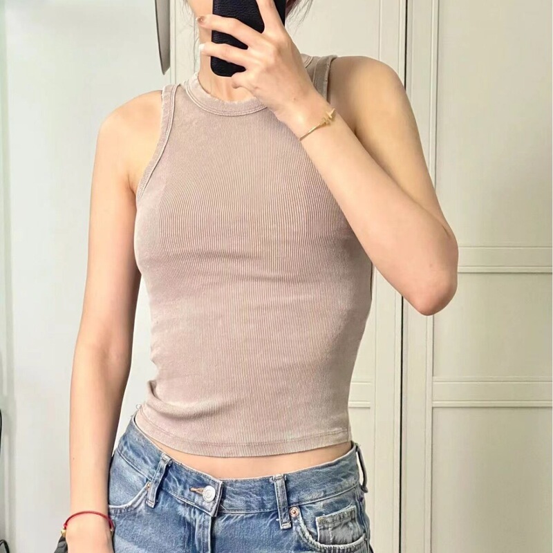 Summer Women's New Fashion Spicy Girl Style Ribbed Washed Vintage Sleeveless Slim-Fit Tank Top T-Shirt 3253301