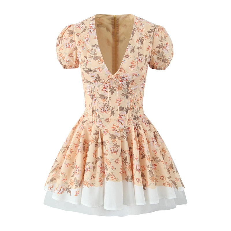 2024 New Sweet Slim Pastoral Print Mini Dress French Deep V Cute Puff Sleeve Short dress 2024 New Sweet Slim Pastoral Print Mini Dress French Deep V Cute Puff Sleeve Short dress