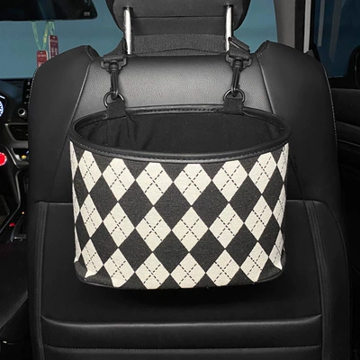 Car storage bag, seat Car storage bag/box - black-and-white-diamond-pattern-backrest-storage-bucket