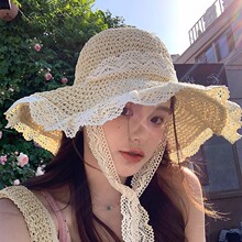 2024新款草帽女夏季出游防晒帽子蕾丝镂空草编沙滩海边大檐遮阳帽