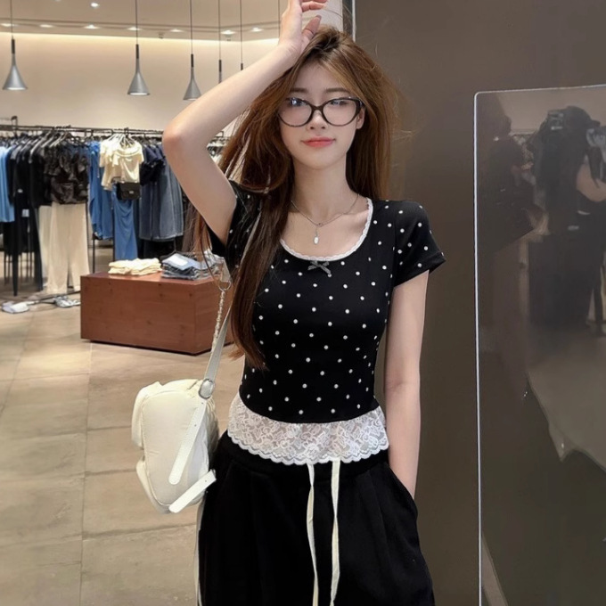 Cross-border plus size fashion wave stitching lace short-sleeved T-shirt women's summer new pure temperament versatile top women's T-tide