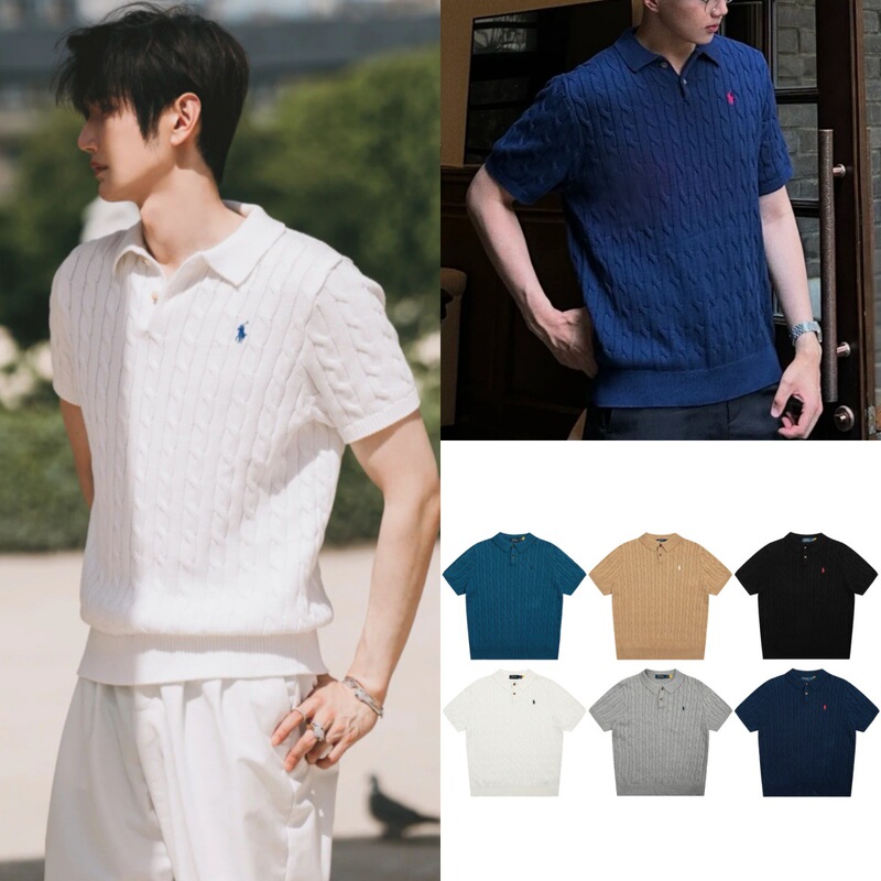 Rl Laff Pony Logo Embroidered Brown Two-Button Turn-Down Collar Twist Polo Men's Knitted Short Sleeve Shirt Pure Cotton Casual Top