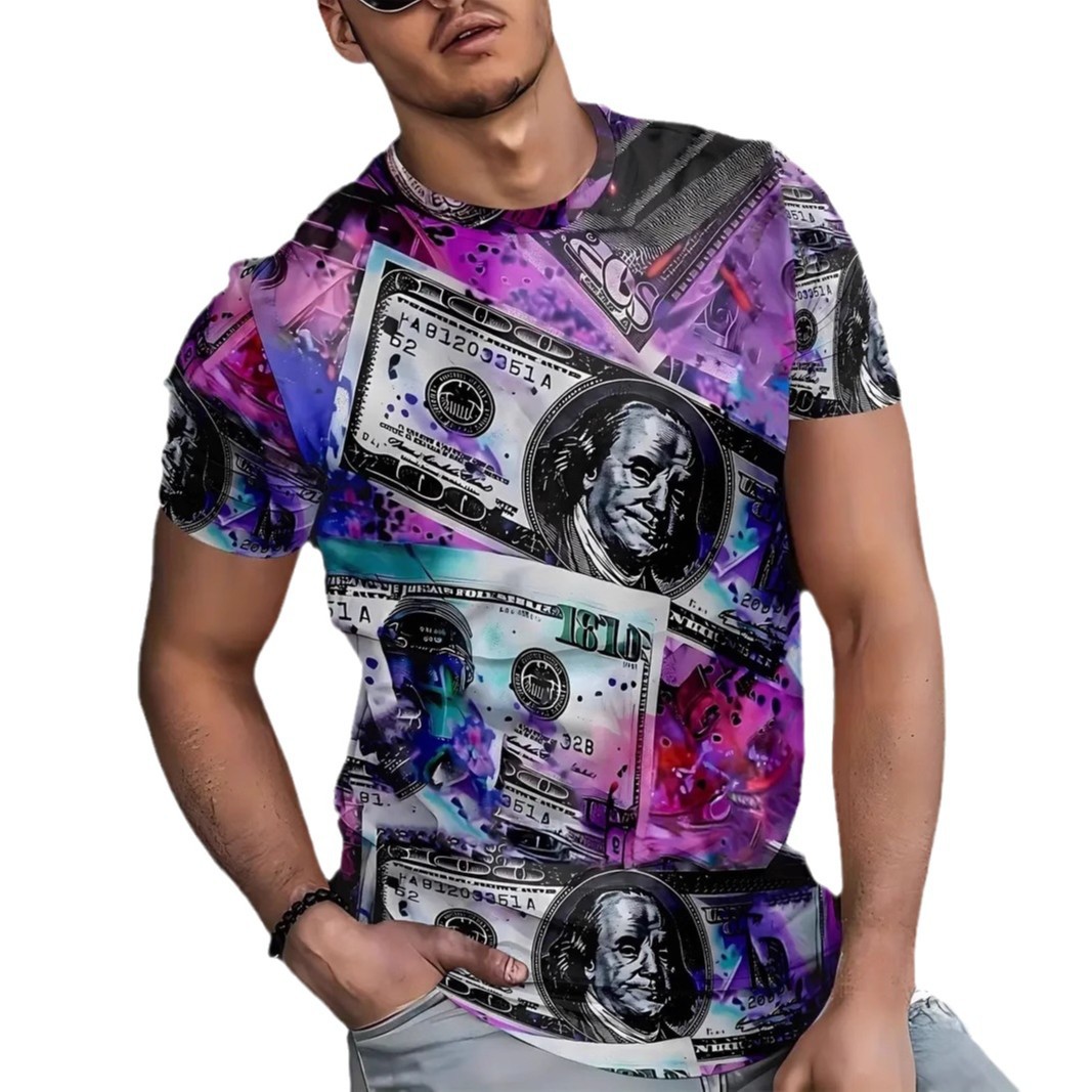 Billetes de colores abstractos estampados en 3D para hombre, malla suelta de verano, manga corta transpirable, cuello redondo, camiseta en stock