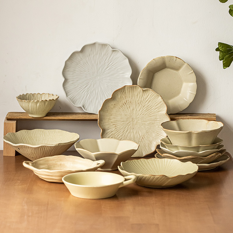 Stoneware Bowl and Dish Large Collection Japanese Style Vintage Hand-made Household Dish Soup Plate Rice Bowl Double Ear Bowl Tableware Soup Bowl