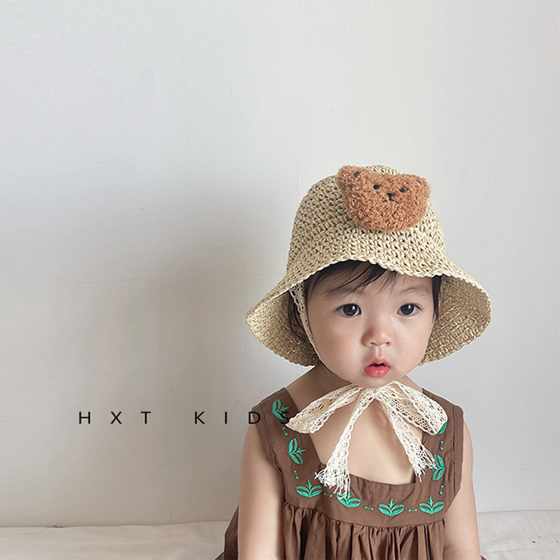 Children's straw hat summer seaside sun hat cartoon bear cute super cute baby sun protection hat trendy