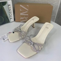 New Product Square Head Water Diamond Chain High Heel Bow Decoration Splicing PVC Shallow Mouth Fine Heel Rear Air Quality Sandals for Women