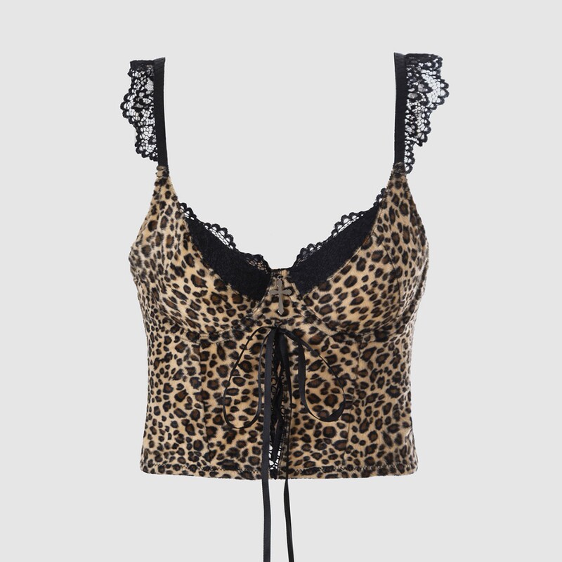 Cross-Border In-Stock Y2K Velvet Leopard Print Lace Patchwork Camisole Sexy Wild Tight-Fitting Strappy Top