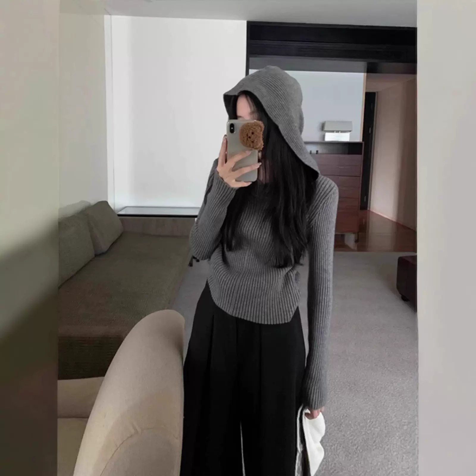 不规则弧形下摆2025秋冬慵懒风毛衣针织衫女短款打底连帽长袖上衣