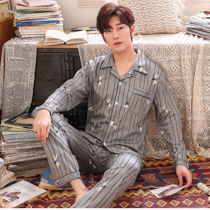 Pijamas de primavera y otoño de algodón de manga larga para hombres pijamas de otoño e invierno para hombres jóvenes de mediana edad delgada día de verano traje de uso doméstico