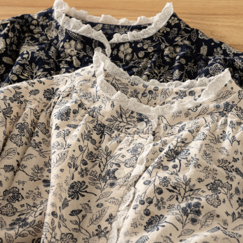 Artistic Forest Style Lace Trim Stand Collar Long Sleeve Shirt for Women 2025 Autumn and Winter New Vintage Brushed Print Top Artistic Forest Style Lace Trim Stand Collar Long Sleeve Shirt for Women 2025 Autumn and Winter New Vintage Brushed Print Top