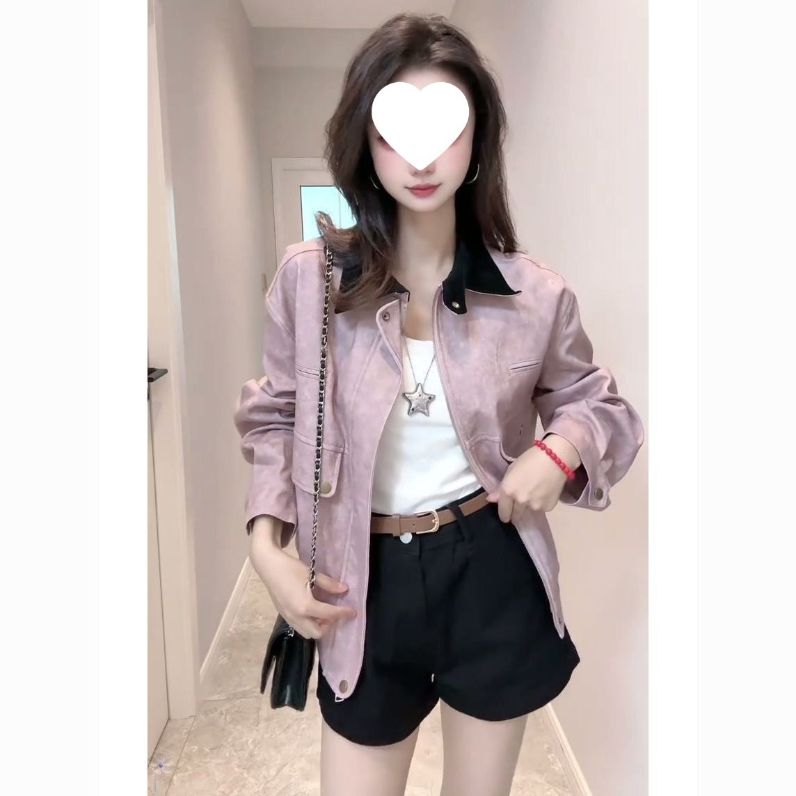 American Retro Harrington Patchwork Color-Block Lapel Jacket for Women, Autumn Loose Silhouette Slimming Biker Jacket Top