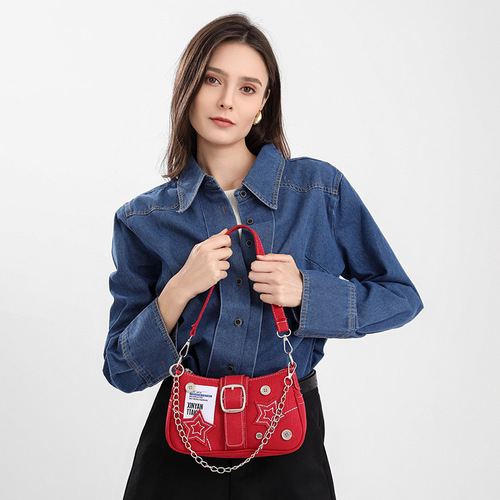 New hot girl star denim underarm bag retro niche American English poster chain bag shoulder bag