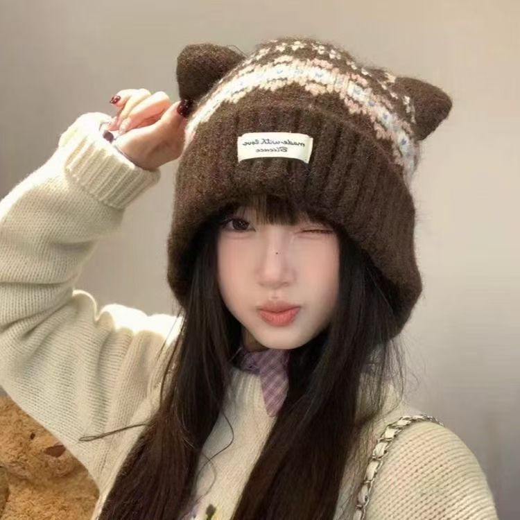 Fair Isle retro knitted balaclava for women, autumn and winter, face-slimming, thickened, warm, and ear-protecting hat