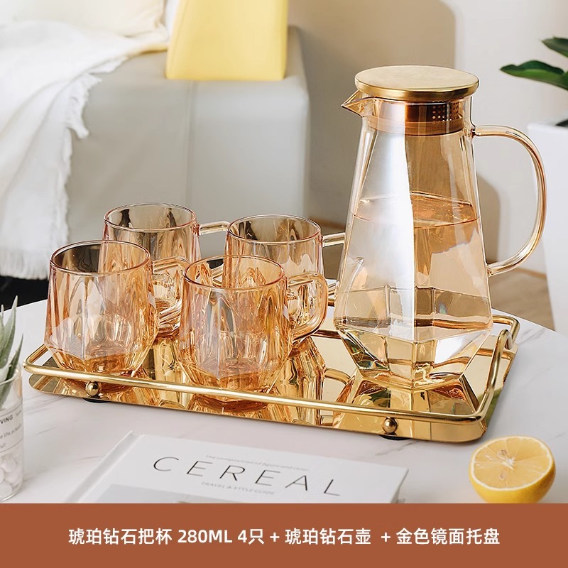 Vaso de cristal de diamante de lujo ligero ámbar, taza de agua para el hogar con asa, taza de té resistente al calor para la sala de estar, juego de taza de agua potable