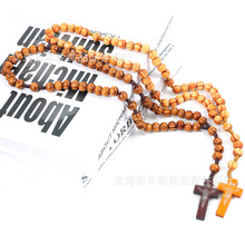 跨境热销简约木珠木纹念珠十字架吊坠Rosary手工编制串珠项链