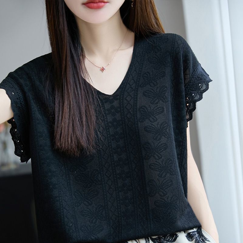 Áo thun nữ cổ V ngắn tay dệt kim Jacquemard phong cách Pháp, form rộng suông che khuyết điểm — 965 # Khí chất đen [chất lượng cao] Nhẹ và thoáng khí, 965 # ánh trăng trắng [chất lượng cao] rộng rãi gầy chi tiết 1