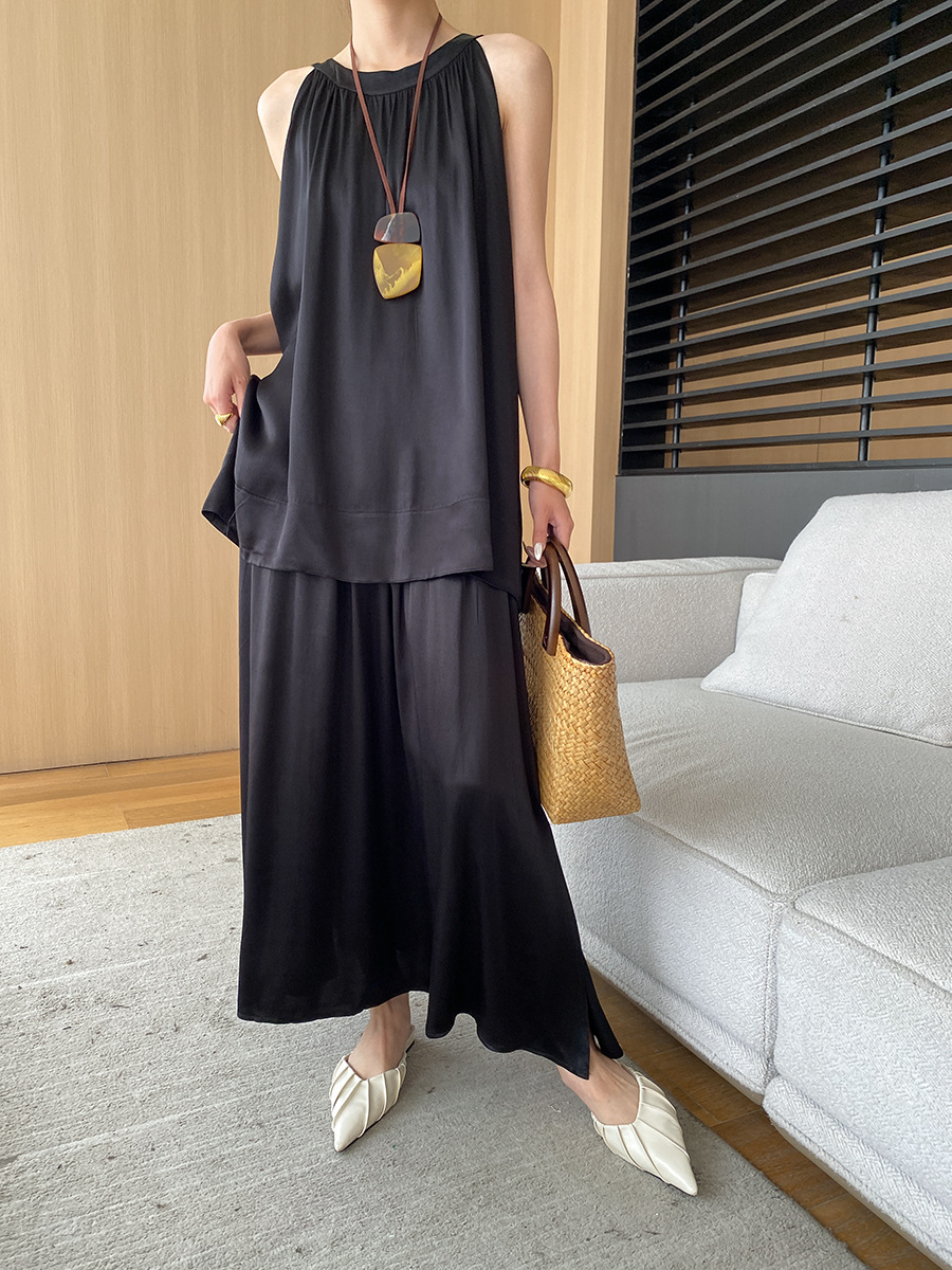 French Draping Satin Rayon A Line Vest Skirt Two Piece Suit