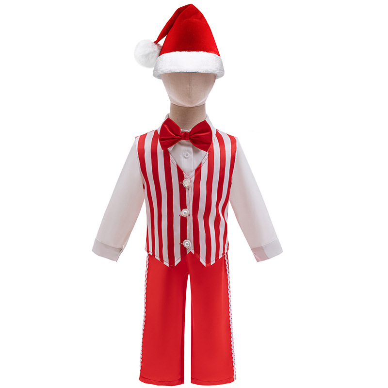 Foreign Trade New Christmas Children's Boys Dress suit Long Sleeve Collar Red and White Striped Top cos Party Dress