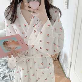 韩国ins女士夏季新品韩系可爱樱桃纱布睡袍浴袍睡裙睡衣家居服女