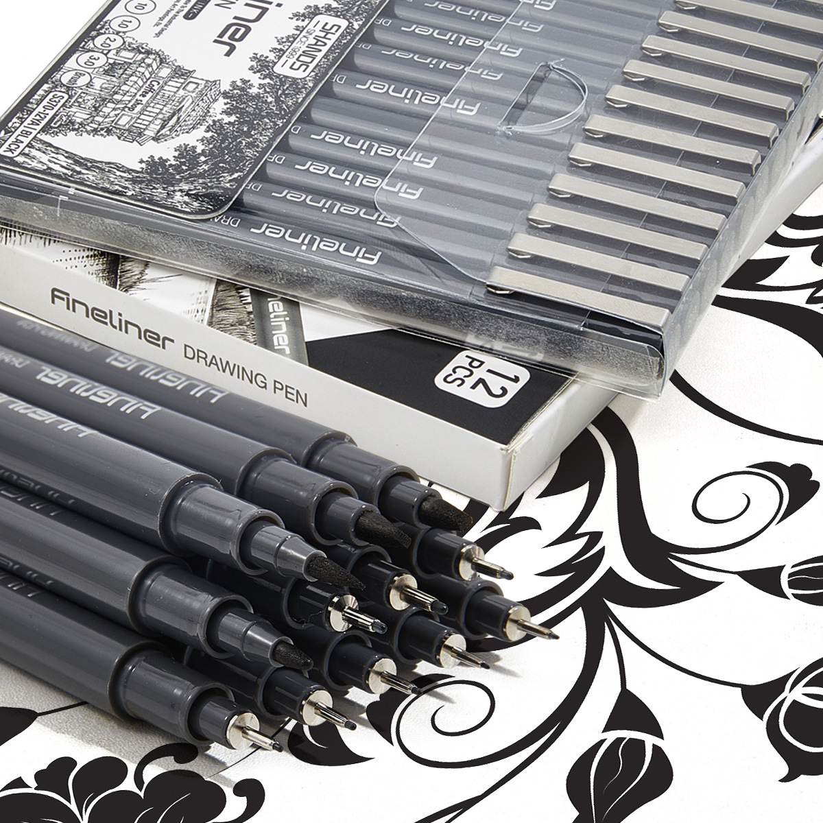 Design and drawing needle pen, art-specific, for architectural drawings, outlining and sketching, black, quick-drying, soft-tip fine-tipped pen, wholesale