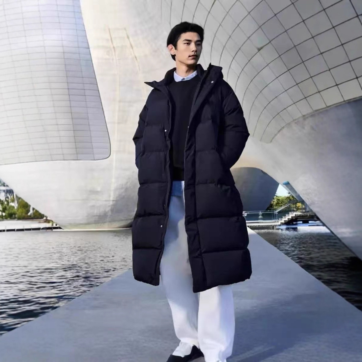 M*B长款羽绒服情侣秋冬新款纽约洋基队连帽外套男女同款