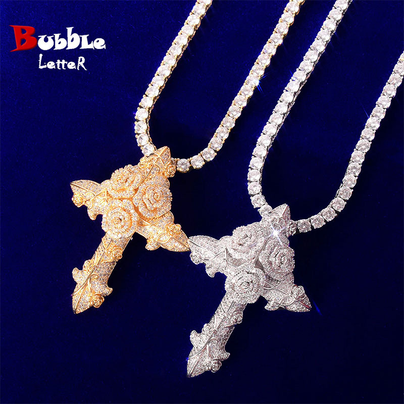 Cross-border Supply European and American Hip-hop Rose Cross Pendant Necklace Men's Copper Inlaid Zircon Hip-hop Trendy Jewelry
