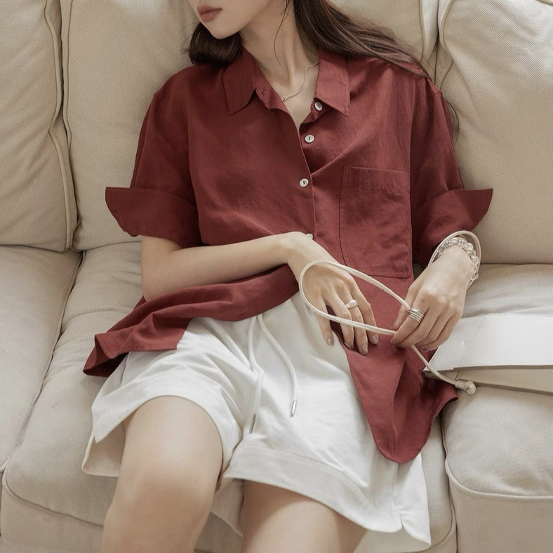 Turn-Down Cuff Short-Sleeved Shirt for Women 2025 Summer New Loose Casual Commuting Solid Color Shirt