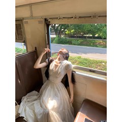 甘い桃 yikett リリスの花の結婚式夏 V ネック半袖ウエスト痩身ドレスフェミニン