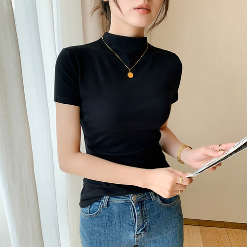 White Short Sleeve T-Shirt for Women - Spring/Summer 2025 - Half High Collar, Elegant Fitted Short Sleeve T-Shirt - Base Layer Top