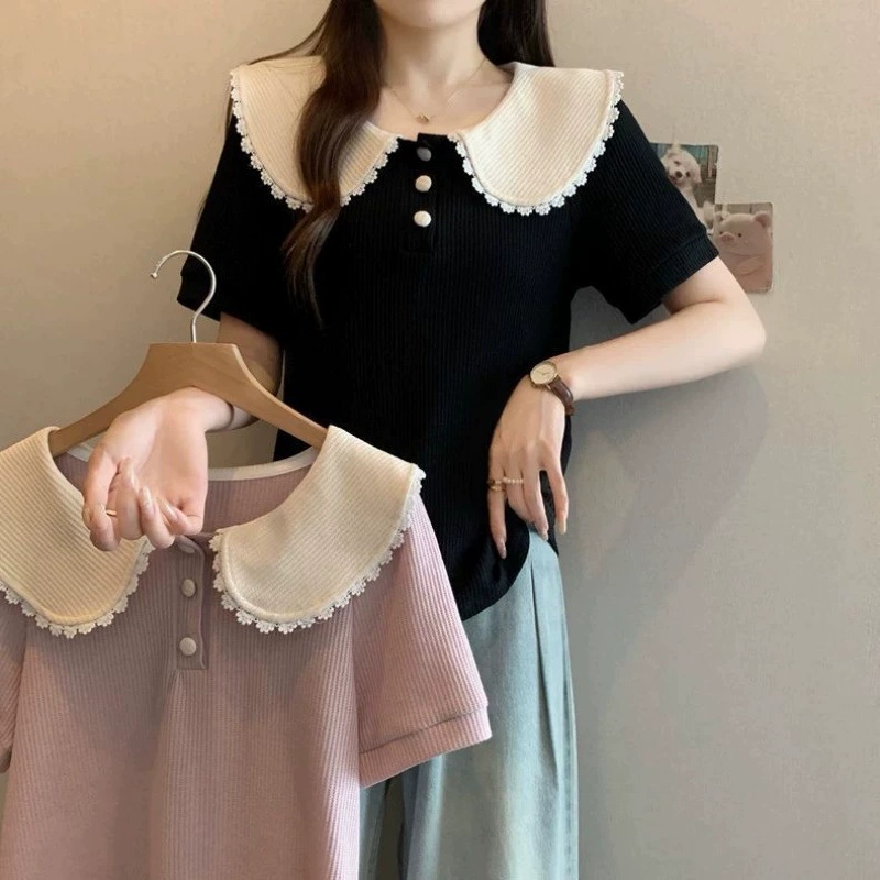 Новая летняя женская одежда больших размеров во французском стиле, уменьшающий возраст кукольный воротник, короткий/полиэстер