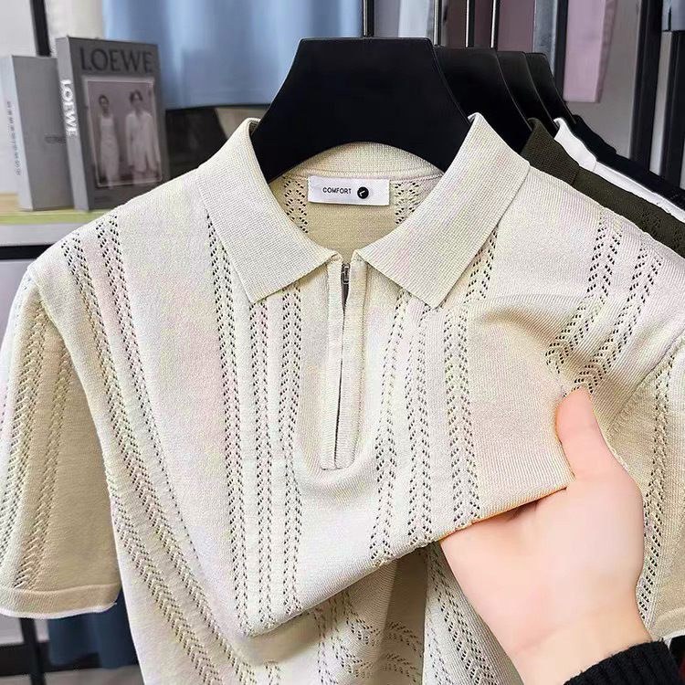 POLO suéter de punto de manga corta con solapa para hombre, verano, seda de hielo, rayas, color a juego, negocio, delgado, marea, comercio exterior, venta al por mayor transfronteriza