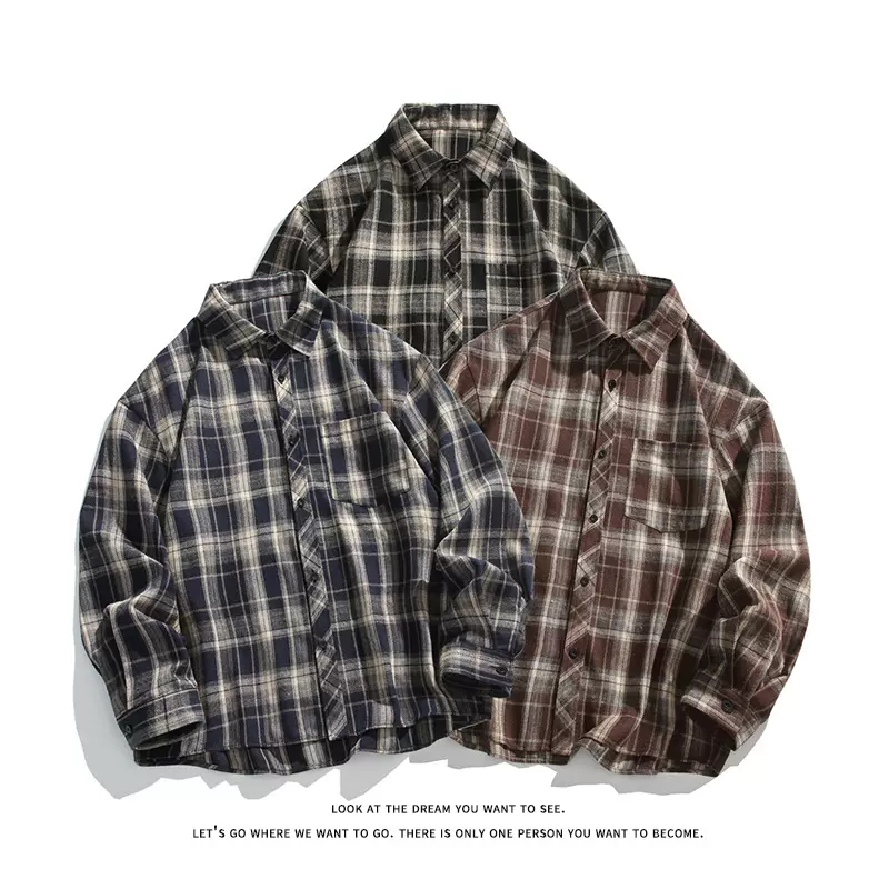 韩版潮流复古格子大码翻领长袖衬衫内搭外套日系时尚衬衣男