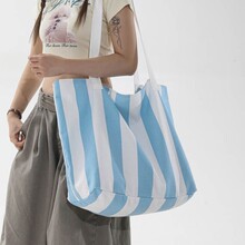 韩系清爽蓝白条纹松弛感休闲单肩包女生逛街出游购物百搭托特包