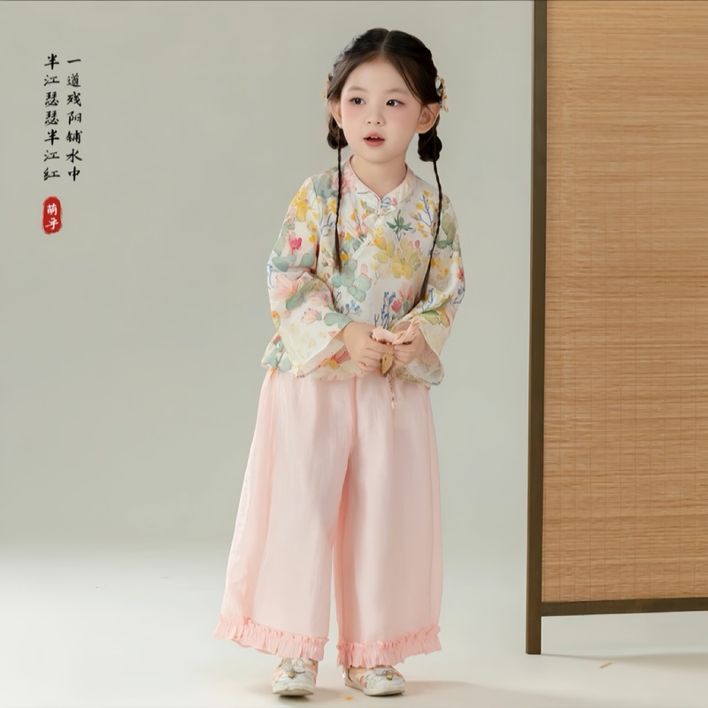 汉服女童新中式套装儿童长袖唐装宝宝古风两件套女孩国风表演衣服|undefined