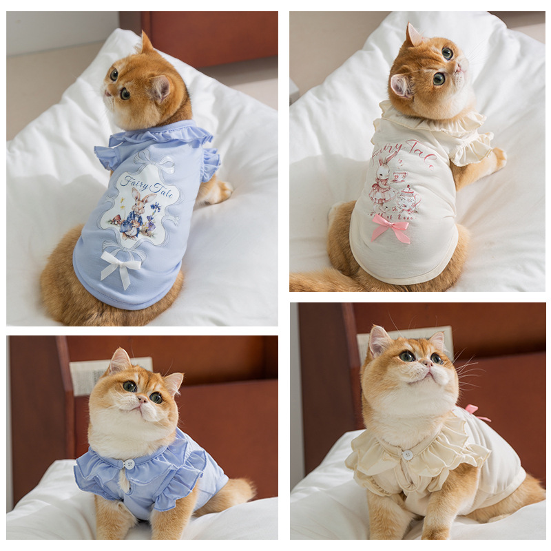 Primavera y verano gato dibujos animados conejito chaleco con cuello de encaje gato sin pelo gatito de dos patas delgado perro ropa para mascotas