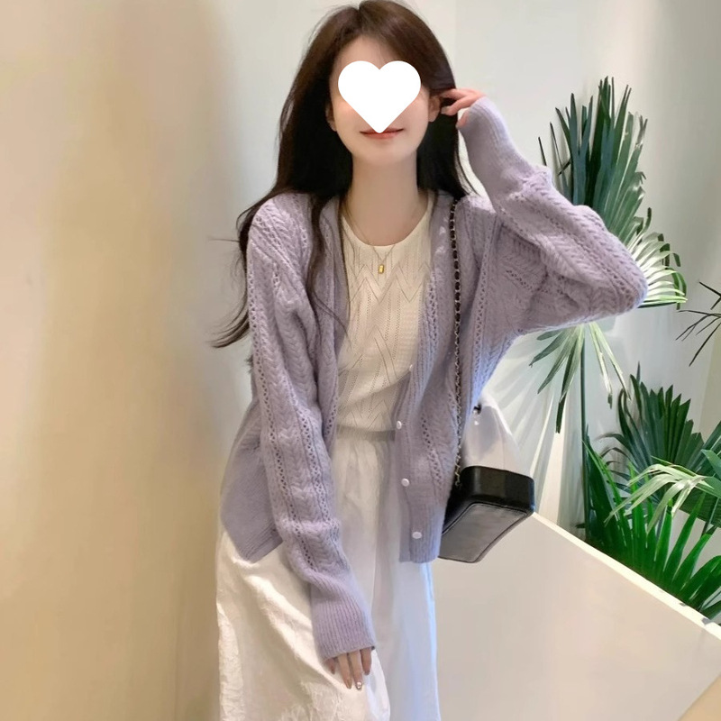 紫色镂空毛衣薄款外套女2025春秋温柔风开衫气质马海毛针织衫上衣|undefined