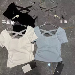 Rice Sweet Sexy Cross Lace Beautiful Back Short T-Shirt for Women with Built-In Breast Pads Sexy Slim Beautiful Back Top for Women Summer