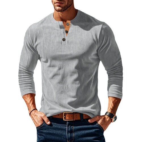 Autumn/Winter New Long-Sleeve T-Shirt Base Shirt with Four Button Corduroy Fitted Men's Henry Shirt