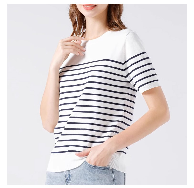 夏季黑白撞色条纹针织衫圆领休闲打底衫简约白色短袖t恤上衣女 pic 11