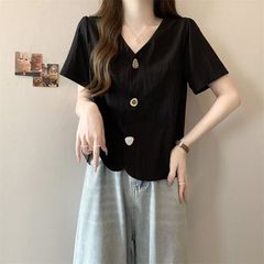 大きいサイズのボタンカーディガン半袖Tシャツ女性用2025年夏新作ファットmmルーズ痩身年齢軽減カジュアルトップ女性用