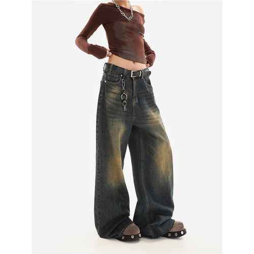 Vintage distressed washed denim jeans for men, autumn American street style loose floor-length pants, trendy brand versatile casual long pants