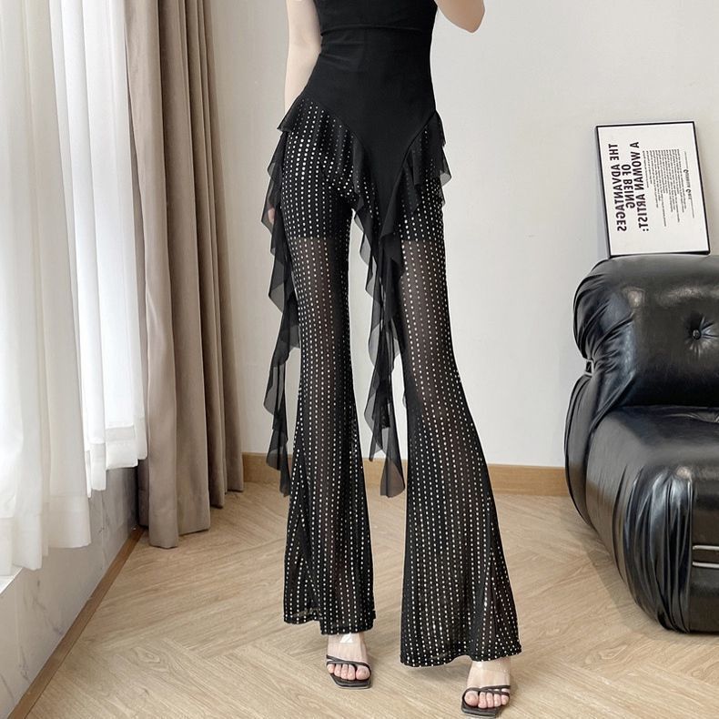 Summer New Mesh Sequin Flared Pants High Waist High Elasticity Plus Size See-Through Mesh Hip-Hugging Slim New Wide-Leg Pants
