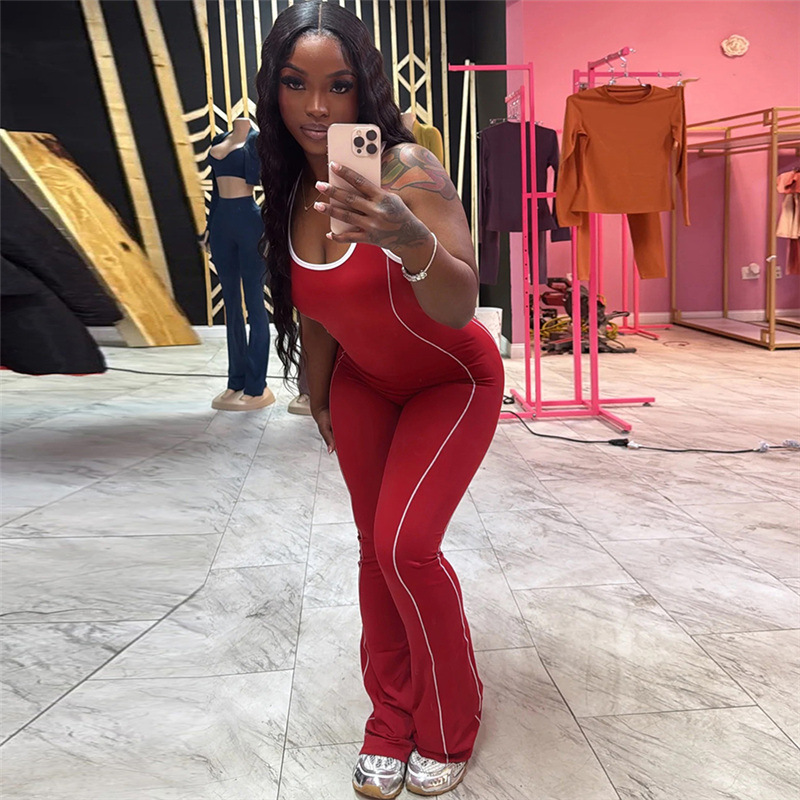 Women's Backless Slim-Fit Yoga Jumpsuit - High Waist Tummy Control Workout Bodysuit With Contrast Color Design For Summer_voghion.com