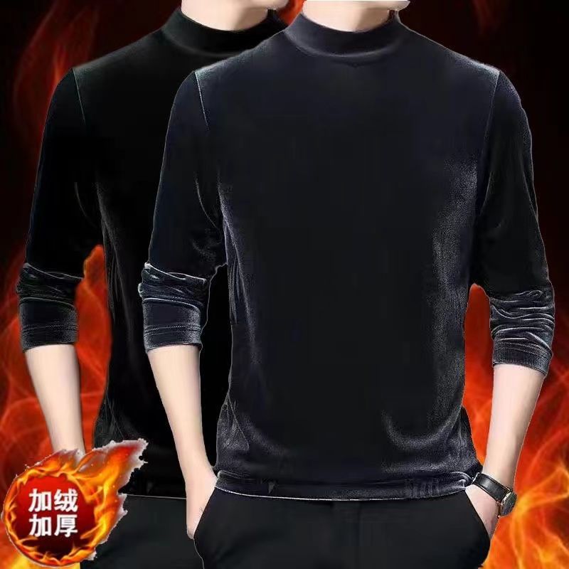 Fuente fabricante otoño e invierno suéter de terciopelo dorado tendencia ropa interior térmica de cuello medio alto camisa de fondo para hombres más engrosamiento de terciopelo