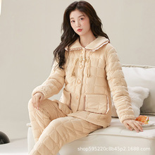 秋冬季珊瑚绒三层夹棉加厚加绒保暖睡衣女翻领法兰绒可外穿家居服