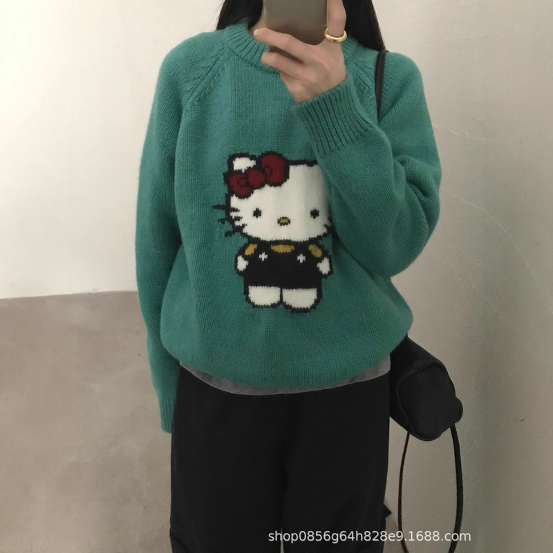 可爱ktiiy提花猫咪针织衫宽松圆领2025秋冬新款韩系百搭减龄毛衣|undefined