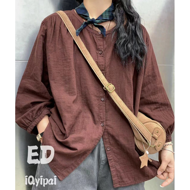 Ed8886 Korean Style Cotton Linen Round Neck Cardigan Shirt 2024 Early Spring New Double Yarn Cotton Shirt Casual Solid Color Top Ed8886 Korean Style Cotton Linen Round Neck Cardigan Shirt 2024 Early Spring New Double Yarn Cotton Shirt Casual Solid Color Top
