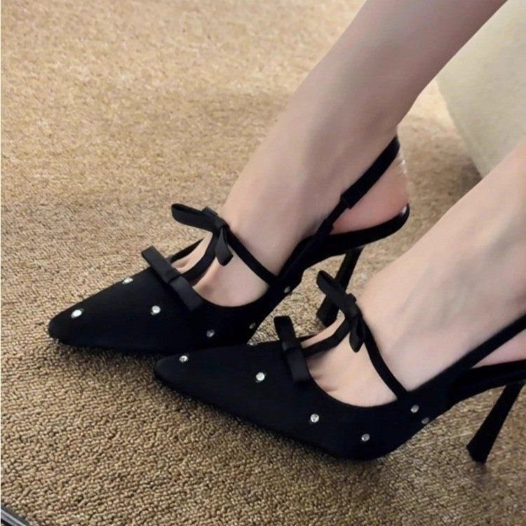 2024 Spring/Summer New Style Rhinestone Stacked Dopamine Sandals with Open Back and Thin Black High Heels for Women 2024 Spring/Summer New Style Rhinestone Stacked Dopamine Sandals with Open Back and Thin Black High Heels for Women