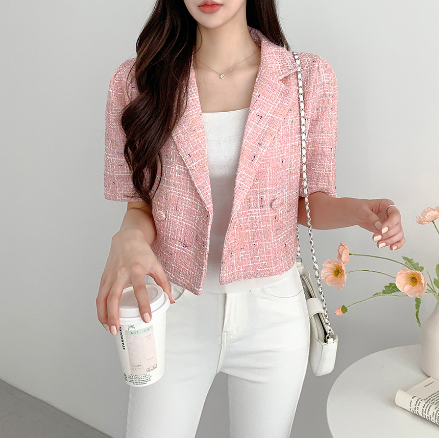 In-Stock Chic Korean Summer Tweed Blazer with Double Buttons for Women